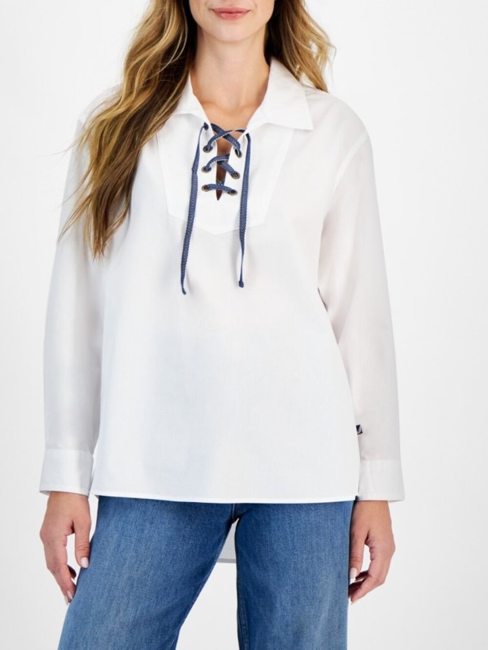 Nautica Women's Size XL Lace Up Cotton Long Sleeve White Top NEW